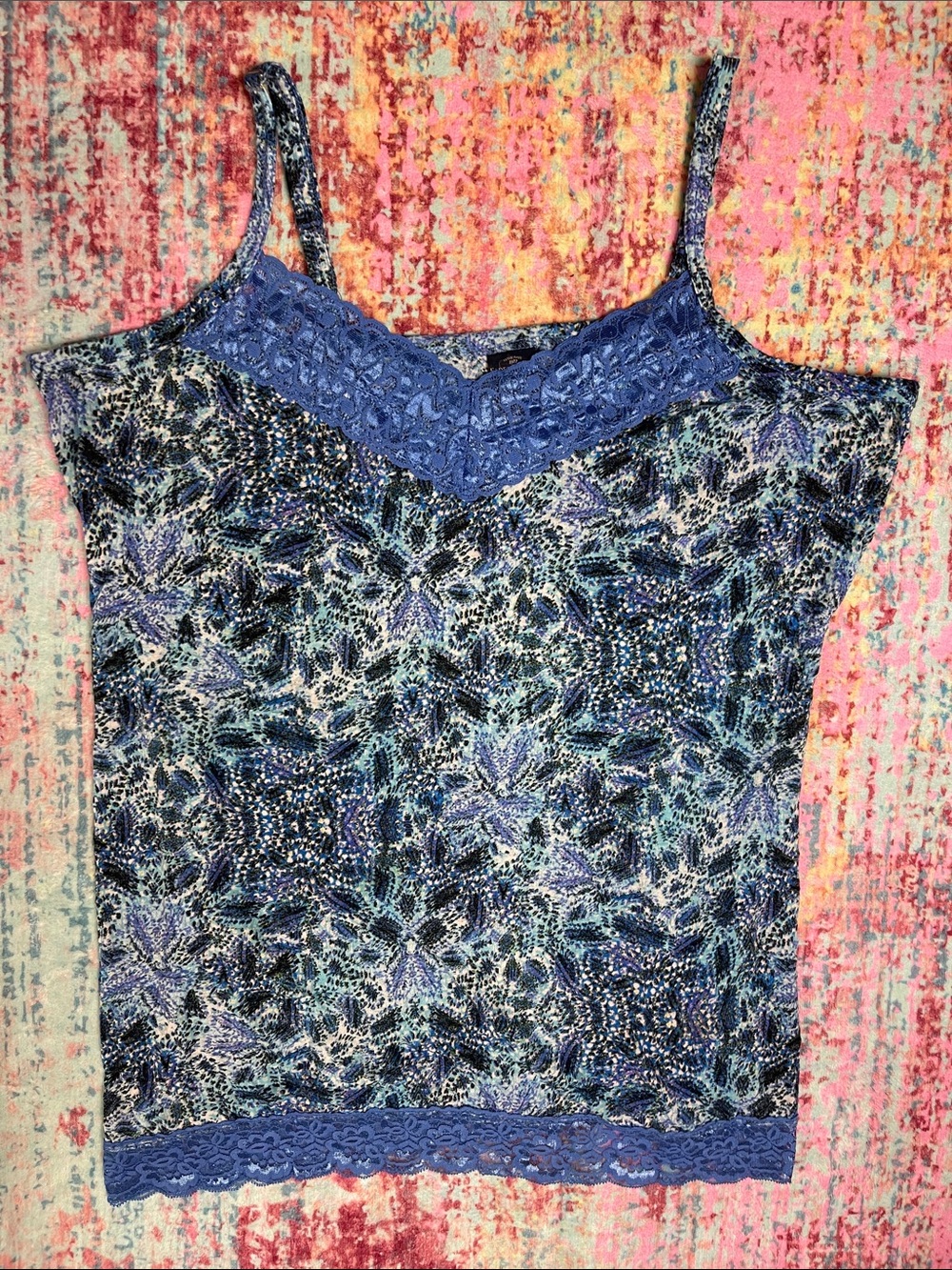 Faded Glory Blue Floral Lace-Trim Cami